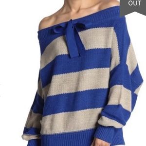 NWT Free People Cassidy Cobalt Sweater Small S Cotton Linen Off Shoulder Stripe